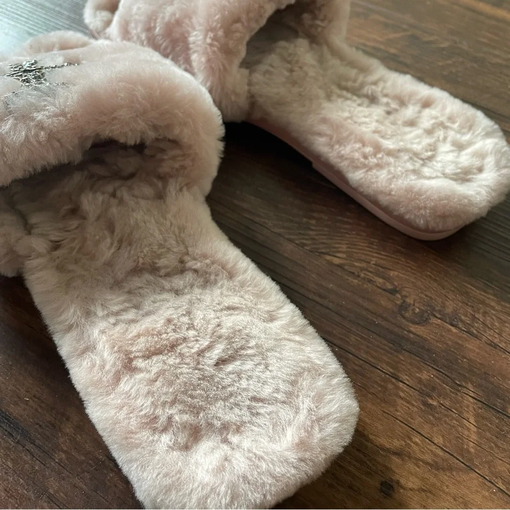 TORY BURCH Everly Jeweled Shearling Double T Shearling Slides in Pink- women’s 7 - Picture 3 of 7